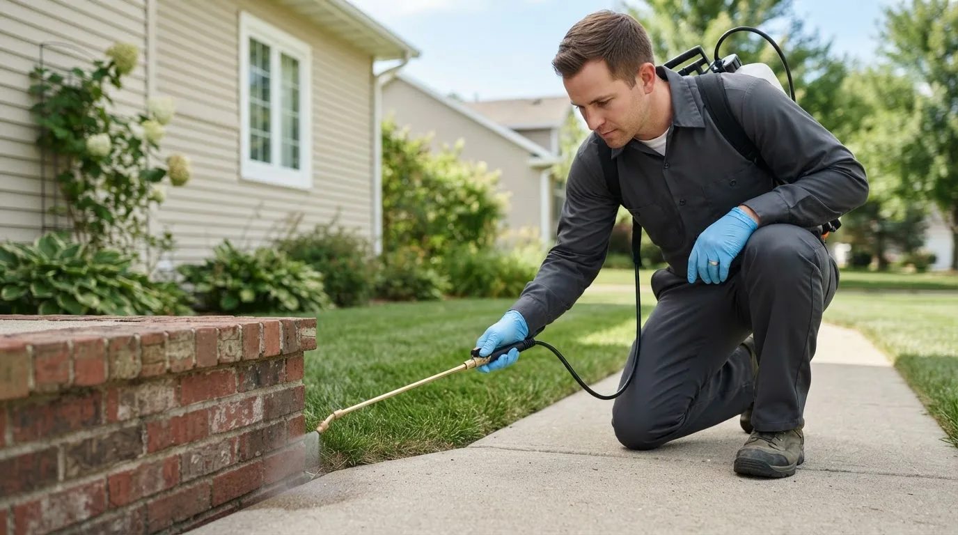 Pest control technician treating a home near Dalton Gardens, ID